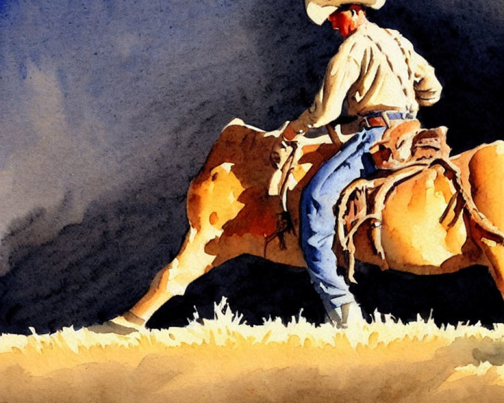 Silhouette watercolor painting of cowboy on horse with dark blue background
