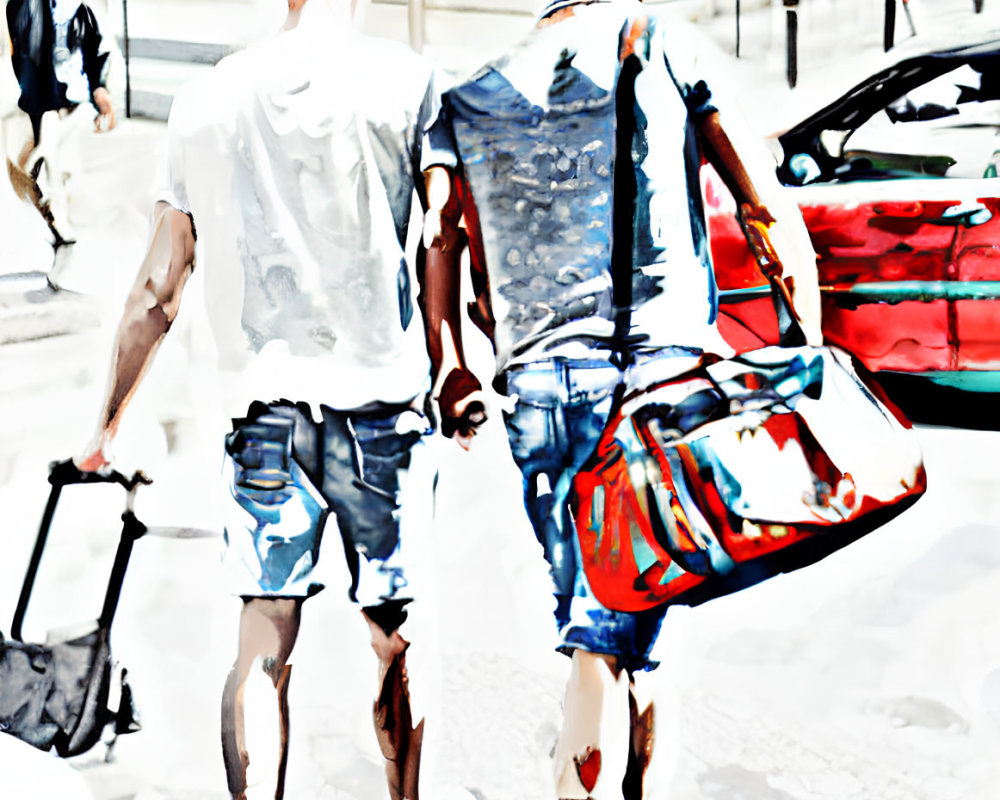 Two people crossing street with stylized, painting-like effects carrying bag and pulling suitcase