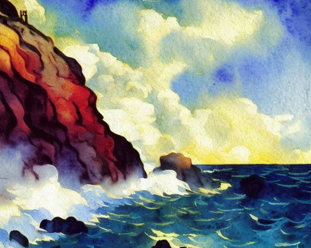 Vivid watercolor painting: Tumultuous sea, rocky cliff, dramatic sky.