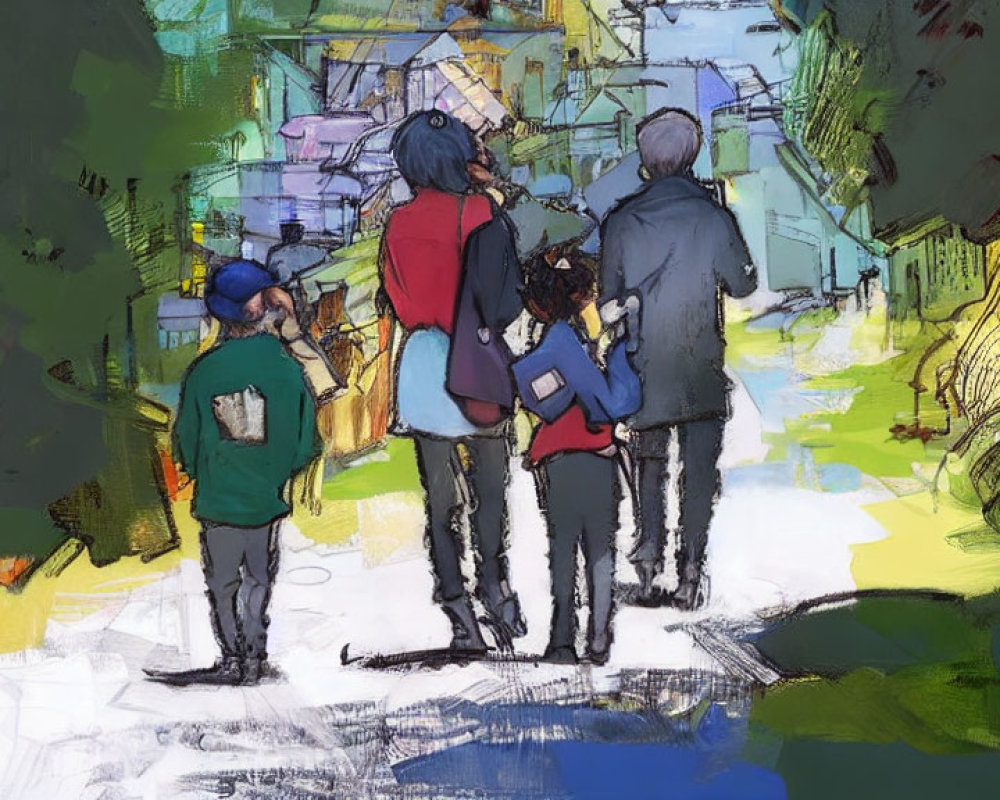 Vibrant urban sketch with three walking figures