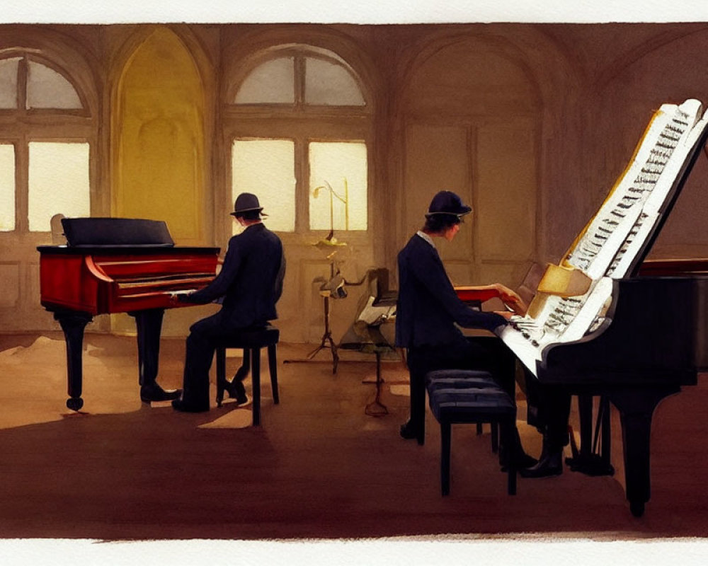 Two individuals playing grand pianos in a room with arched windows and warm lighting.
