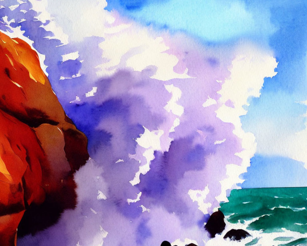 Vibrant watercolor painting: Forceful wave against rocky cliff