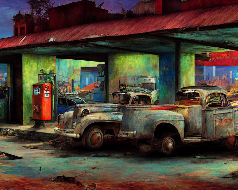 Abandoned Gas Station Artwork with Vintage Cars and Cityscape Sky