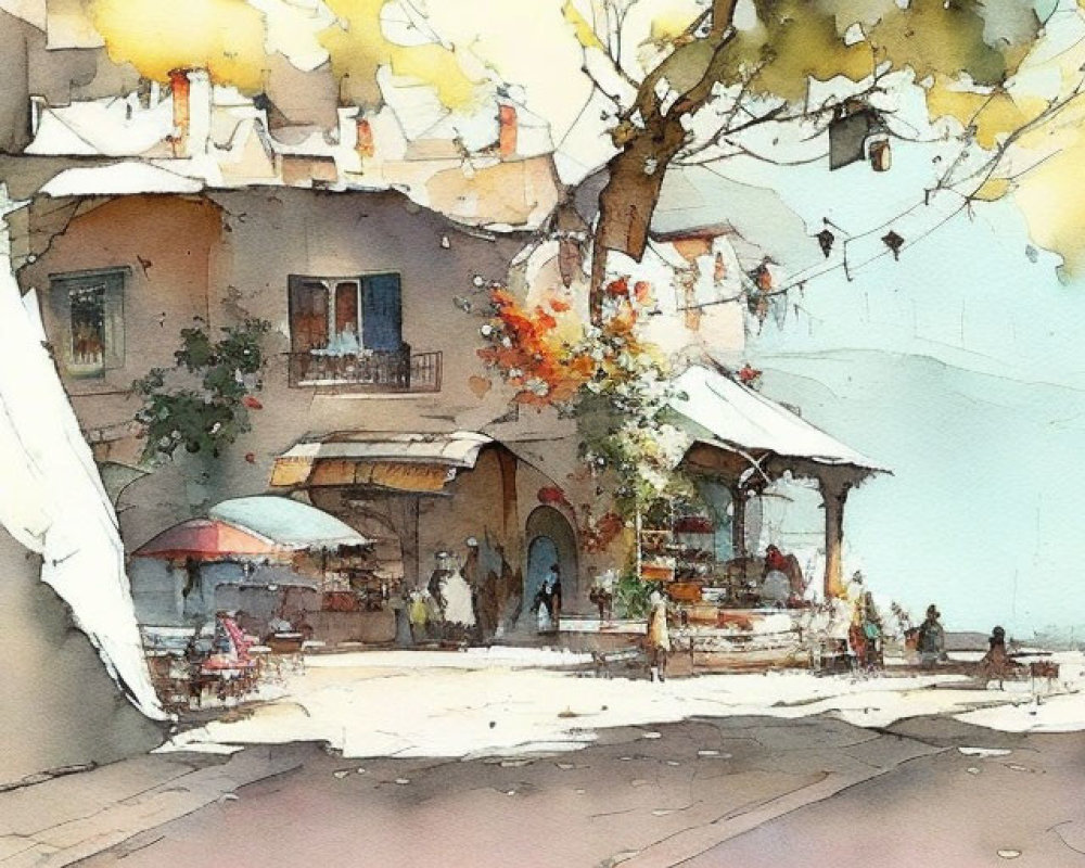 Tranquil watercolor street scene with quaint buildings and figures