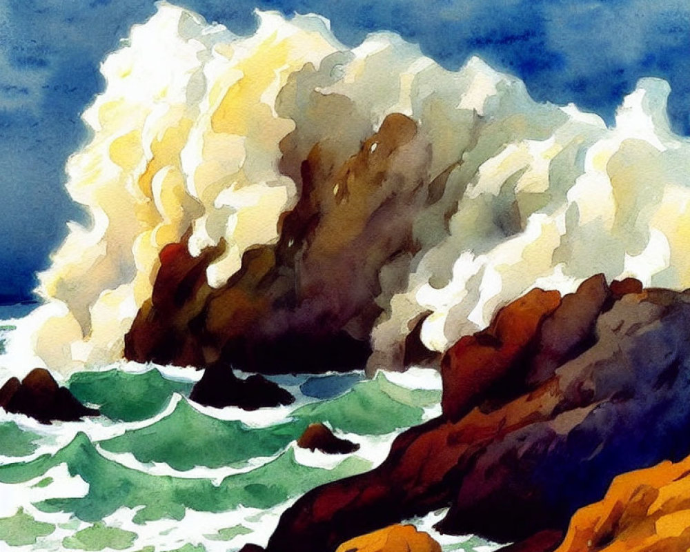 Mighty ocean wave crashing on rocky shores in vibrant watercolor