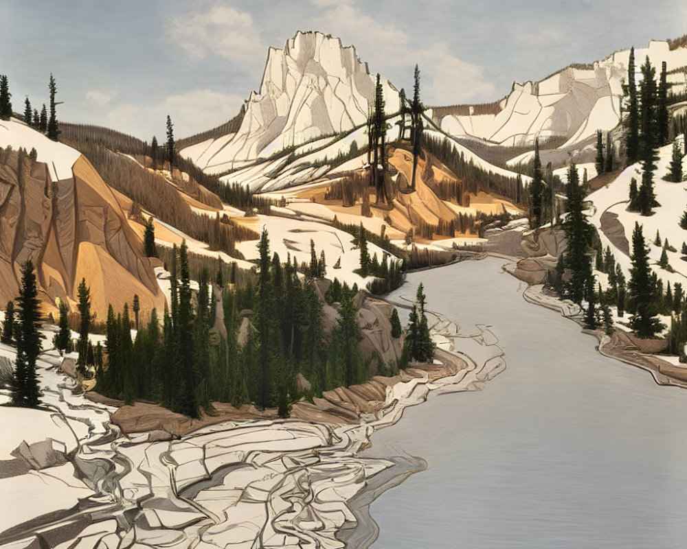 Scenic landscape with snow-capped peaks, evergreen trees, brown hills, and meandering river