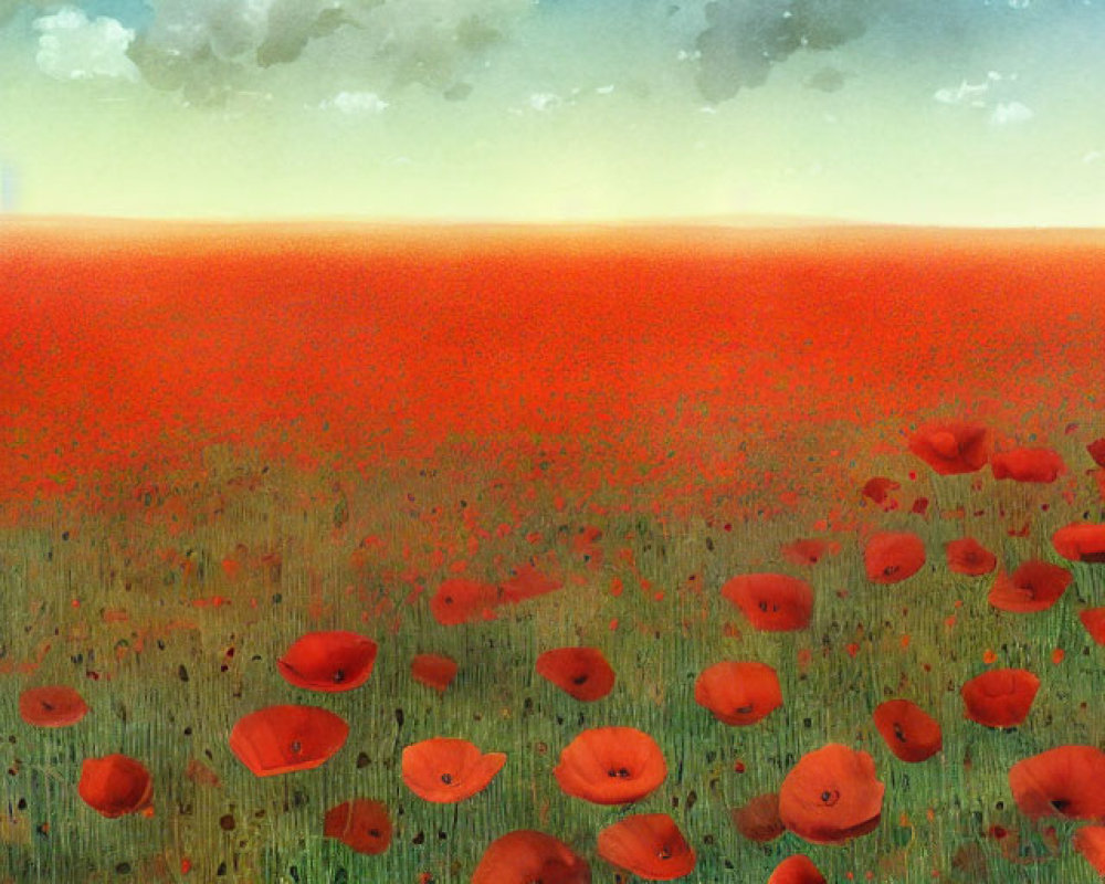 Tranquil poppy field under gradient sunset sky