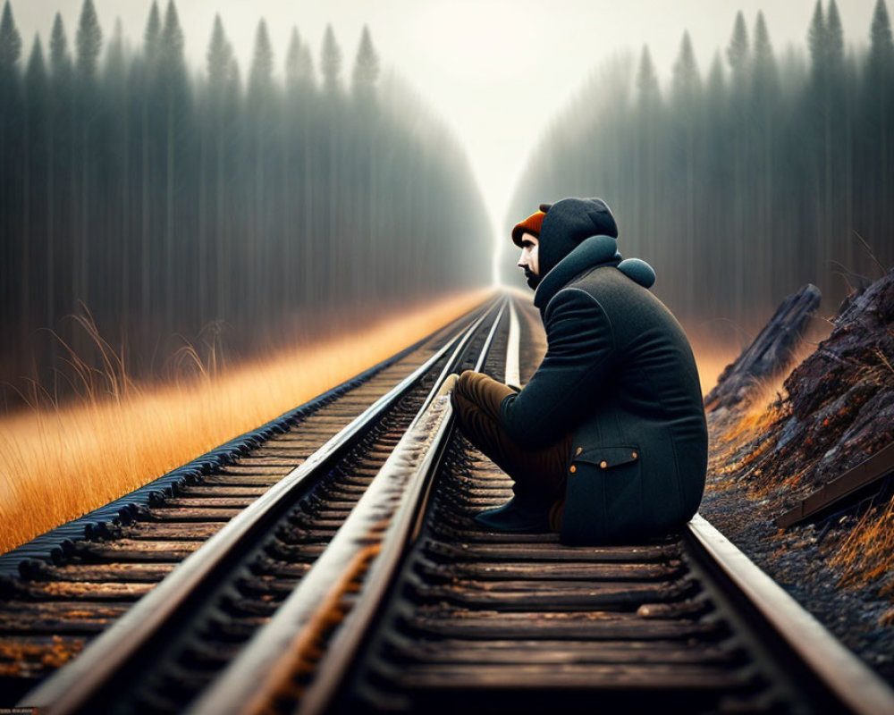 Person in Warm Clothing Contemplating on Railroad Track