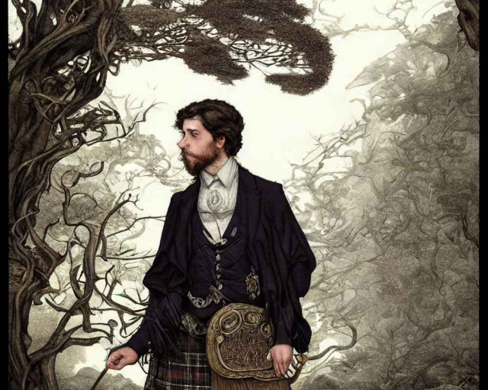 Traditional Scottish Attire Man in Misty Forest Landscape