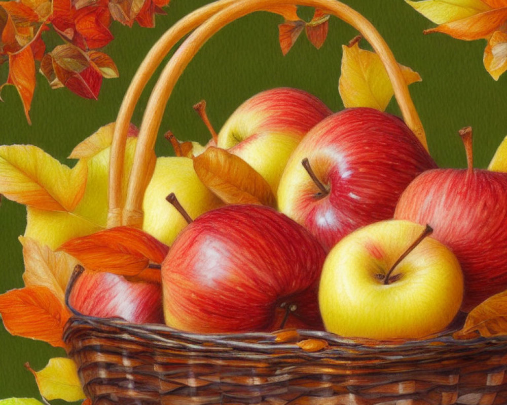 Wicker Basket with Red and Yellow Apples Amid Autumn Leaves