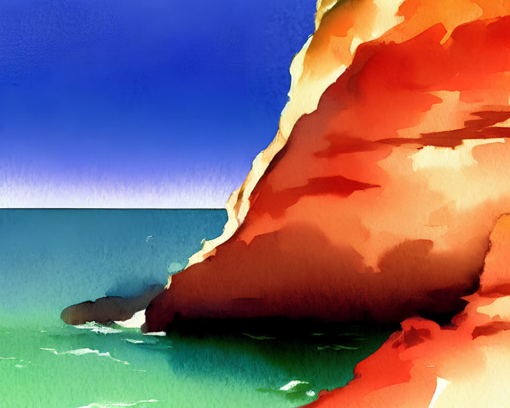 Colorful Watercolor Painting: Coastal Landscape with Red Cliff, Blue Sky, Turquoise Sea