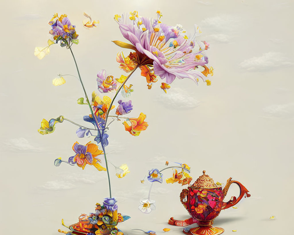 Colorful Flower Teapot Artwork on Beige Background