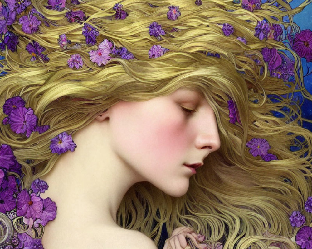 Woman with Golden Hair and Purple Flowers in Starry Night Sky