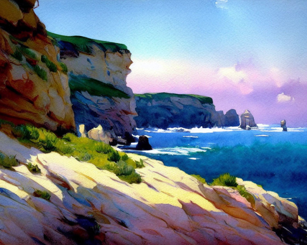 Scenic Watercolor Painting of Rugged Coastline