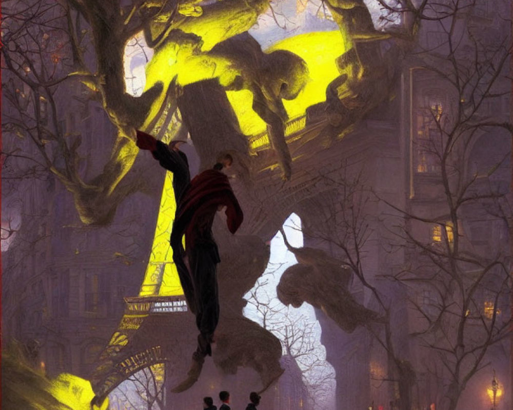 Floating person near upside-down Eiffel Tower in surreal scene