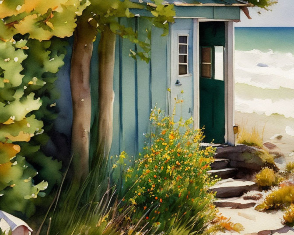 Blue Beach Shack Surrounded by Greenery in Watercolor