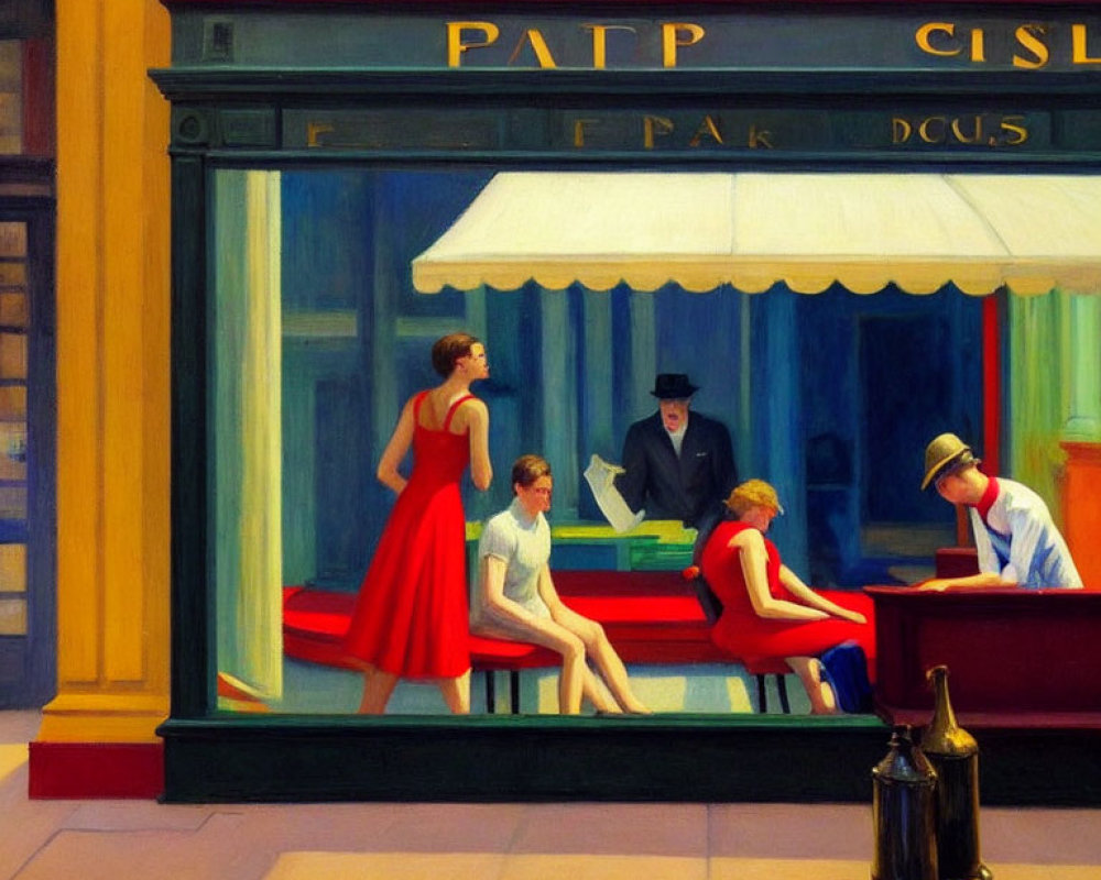 Mid-century urban life painting with individuals outside a cafe in bold red and yellow tones
