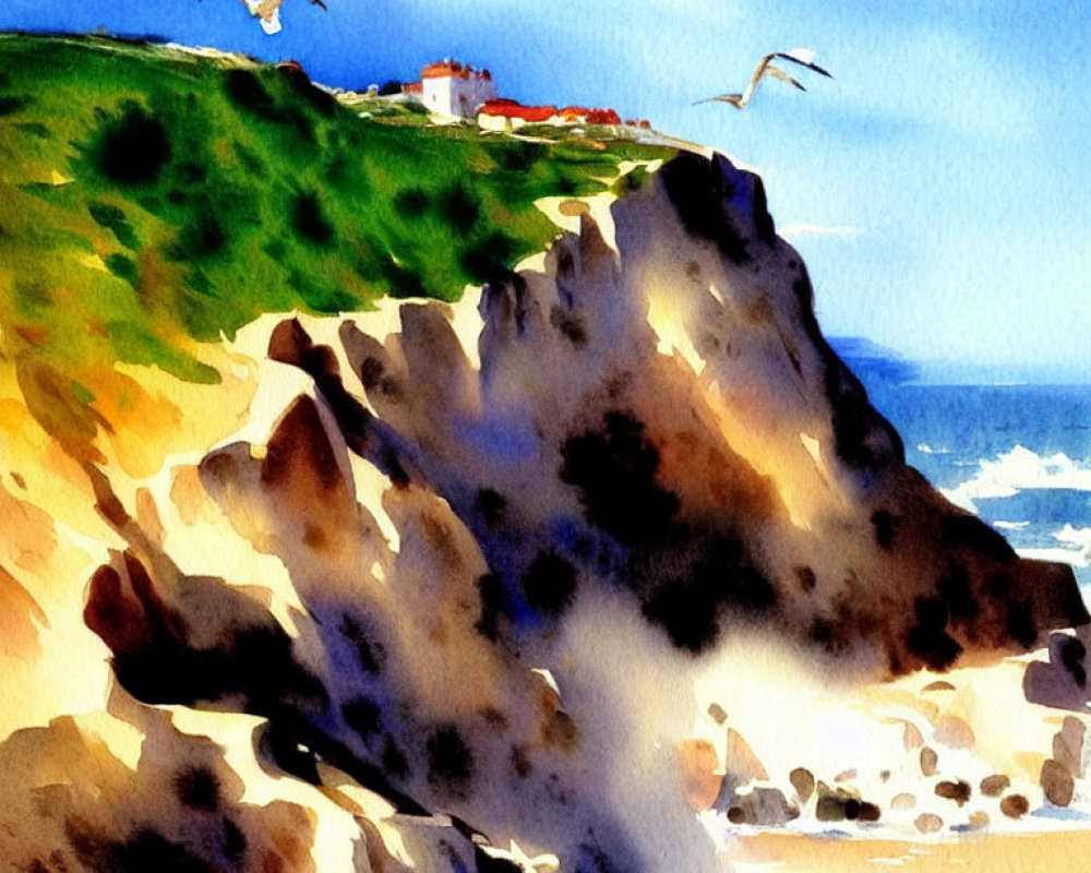 Vibrant Watercolor Painting of Coastal Scene with Rocky Cliff and Seagulls