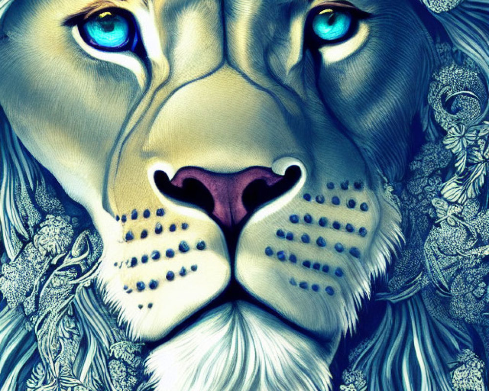 Colorful Lion Illustration with Blue Eyes and Detailed Mane