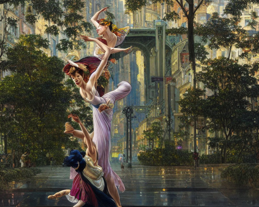 Three ballet dancers executing a lift in a futuristic urban park.