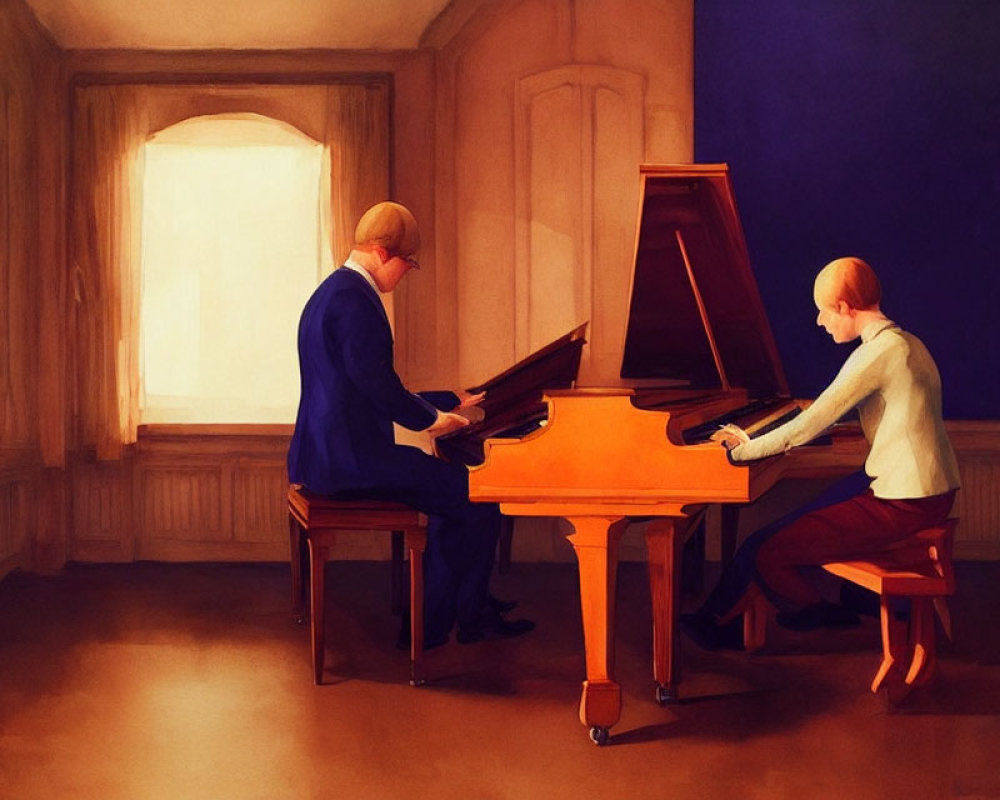 Duet performance on grand piano in warmly lit room