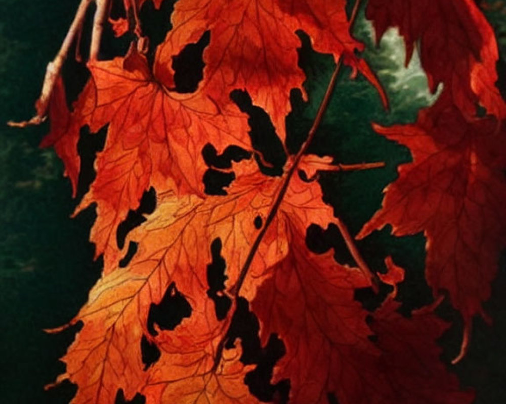 Red Maple Leaves with Holes on Dark Green and Blue Background