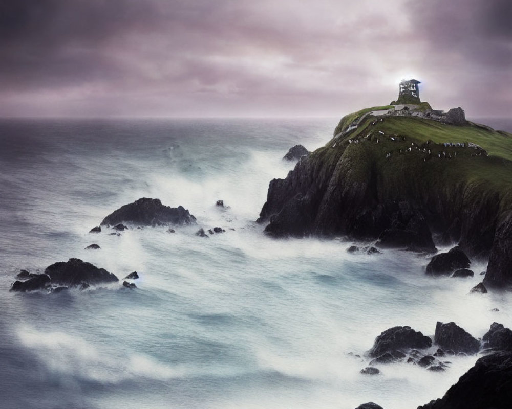 Misty coastal scene with turbulent sea waters and dramatic cliff structure