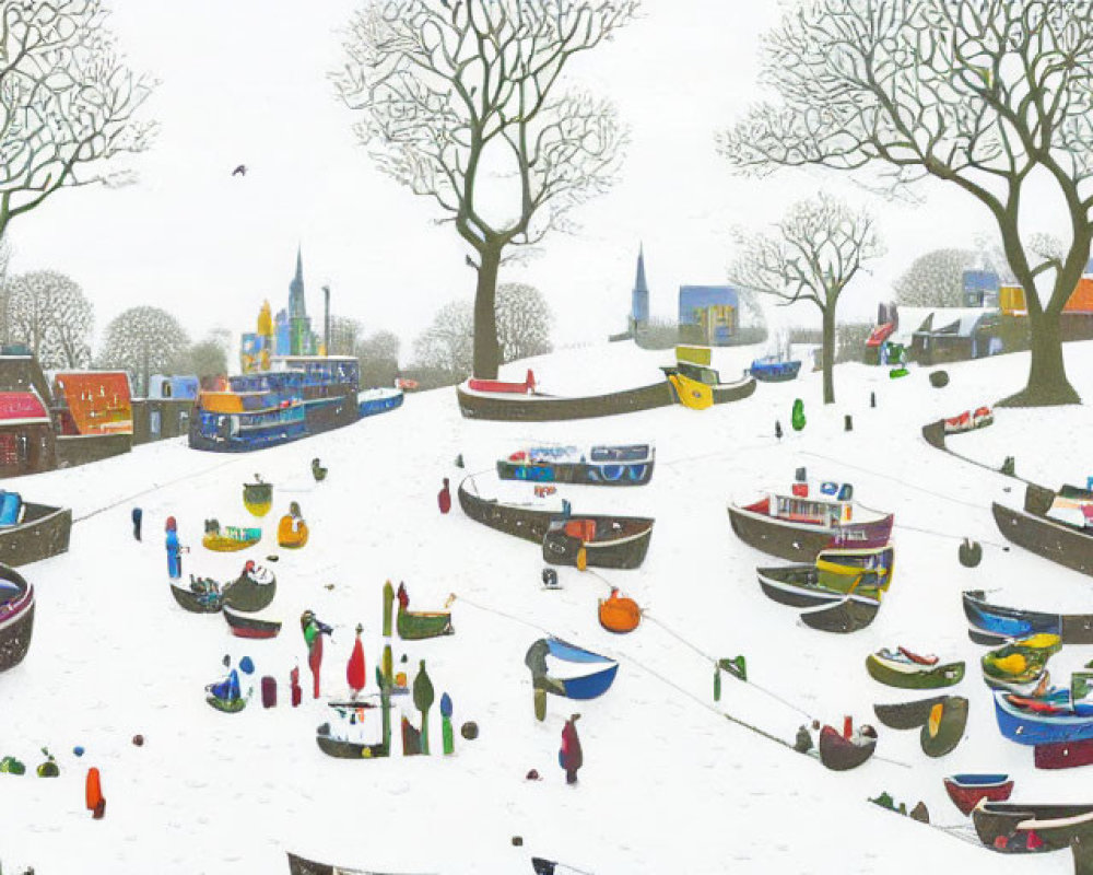 Winter scene: snow-covered landscape, colorful boats on frozen river, ice skaters, bare trees,