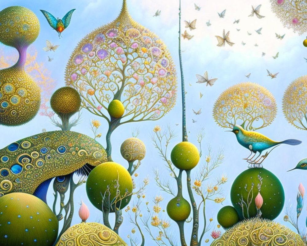 Vibrant surreal landscape with detailed flora, fauna, and flying birds