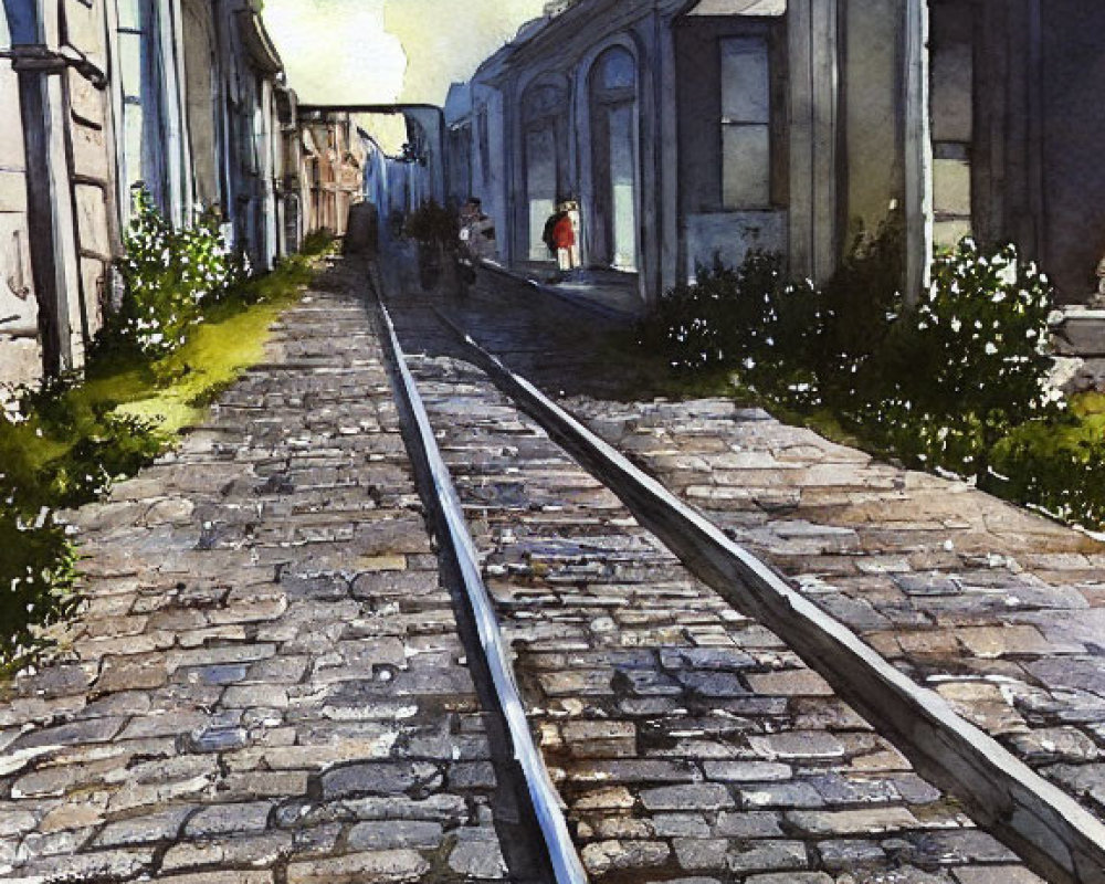 Cobblestone Street Watercolor Painting with Train Tracks and Old Buildings