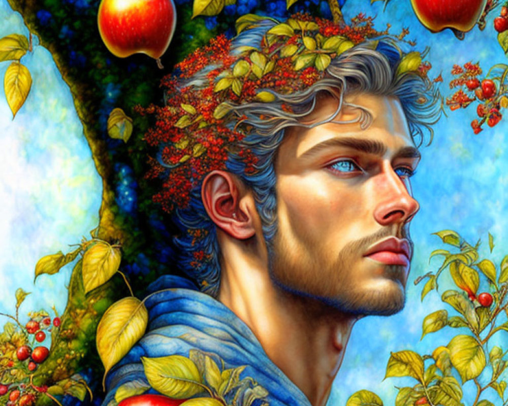 Man with Leaves and Fruit in Hair Surrounded by Lush Foliage and Apples