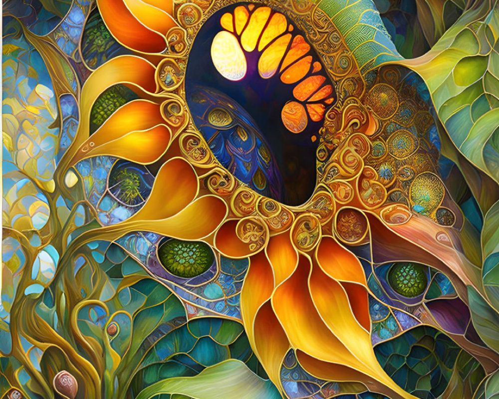 Abstract floral and aquatic illustration with peacock figure, ornate patterns, fish, and lush foliage.