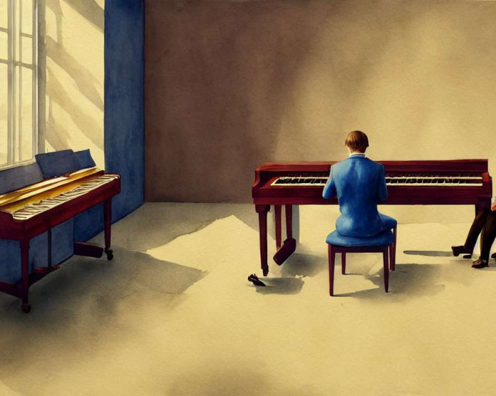 Person in blue top plays red grand piano in room with large windows.