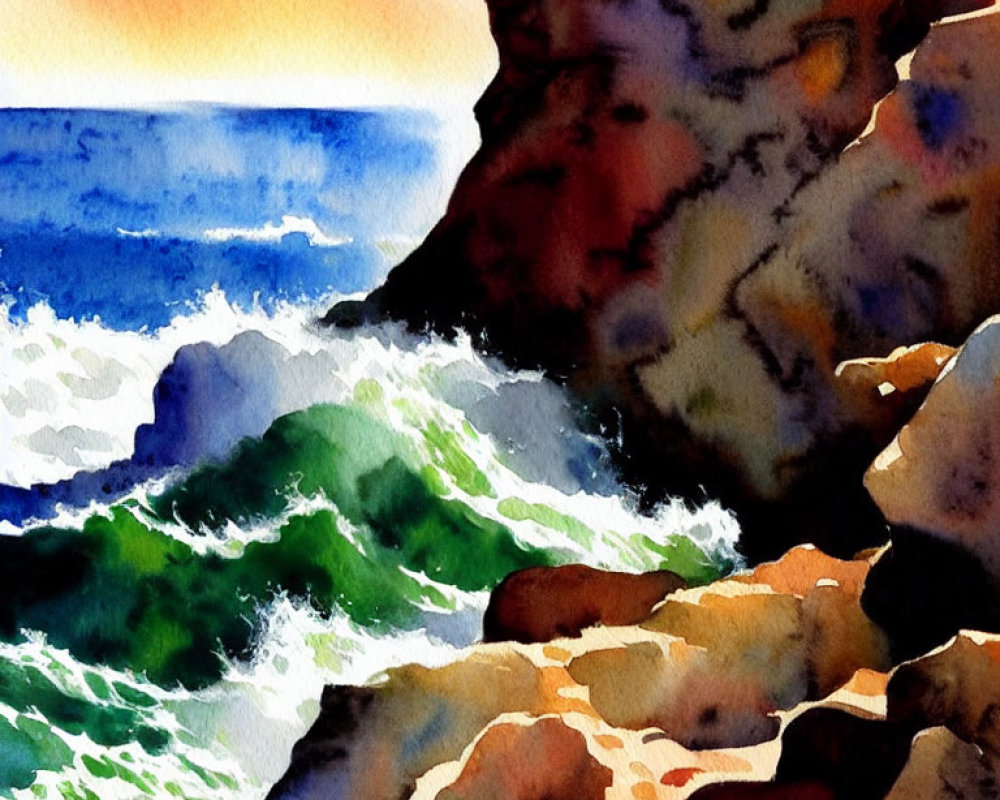 Scenic watercolor painting of rocky coastline at sunset