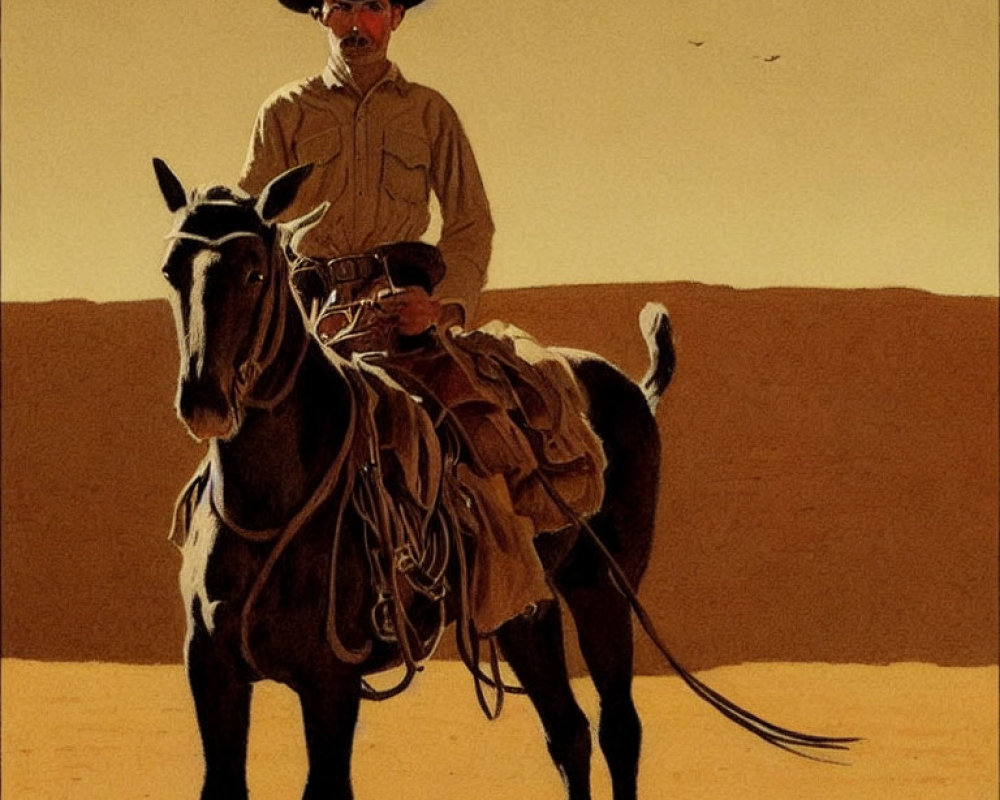 Cowboy on horseback in desert with wide-brimmed hat and birds flying