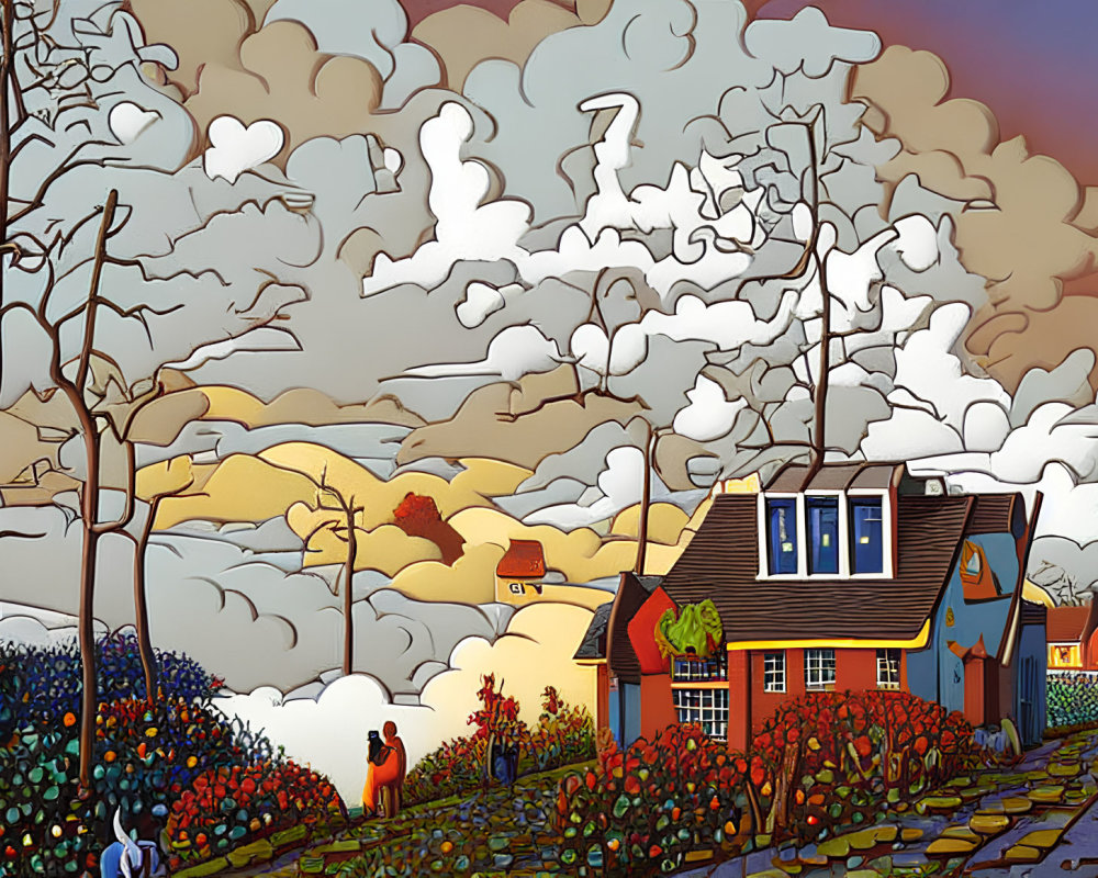 Colorful landscape illustration with vibrant house, leafless trees, dynamic sky, and figure by fence