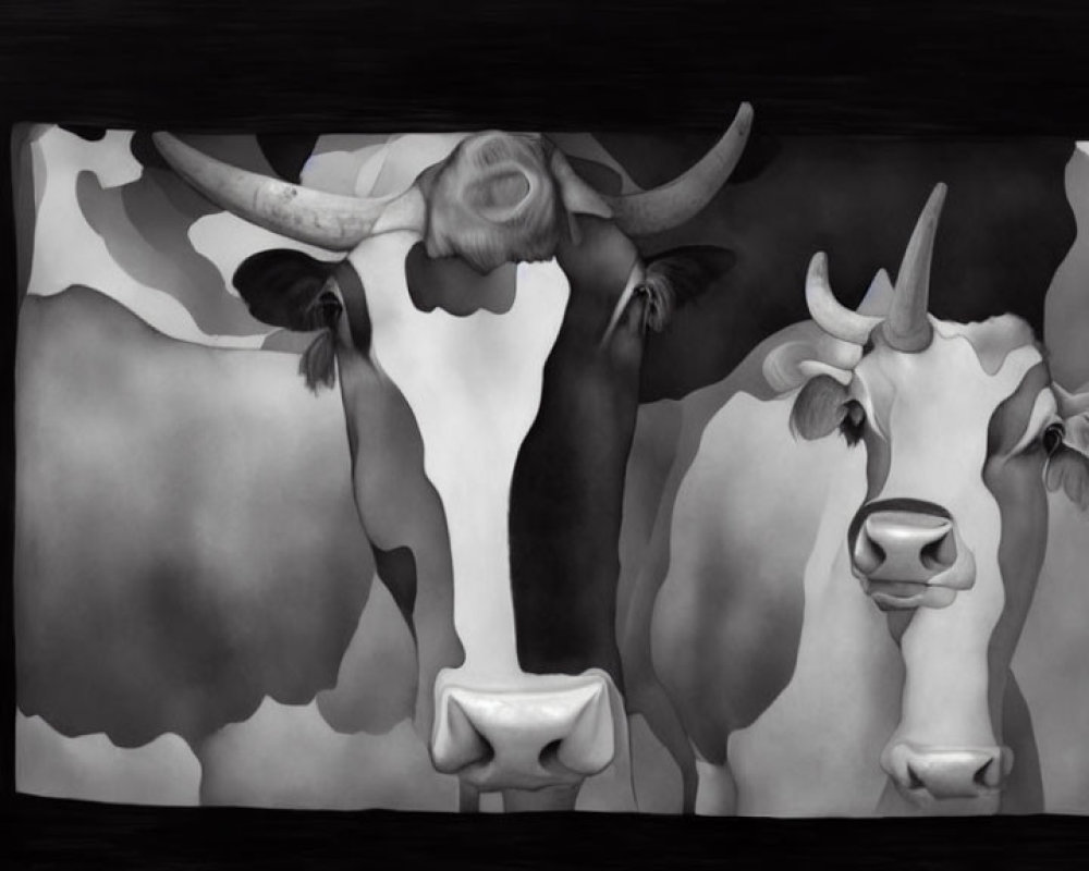 Stylized black and white painting of three cows with patterns and horns