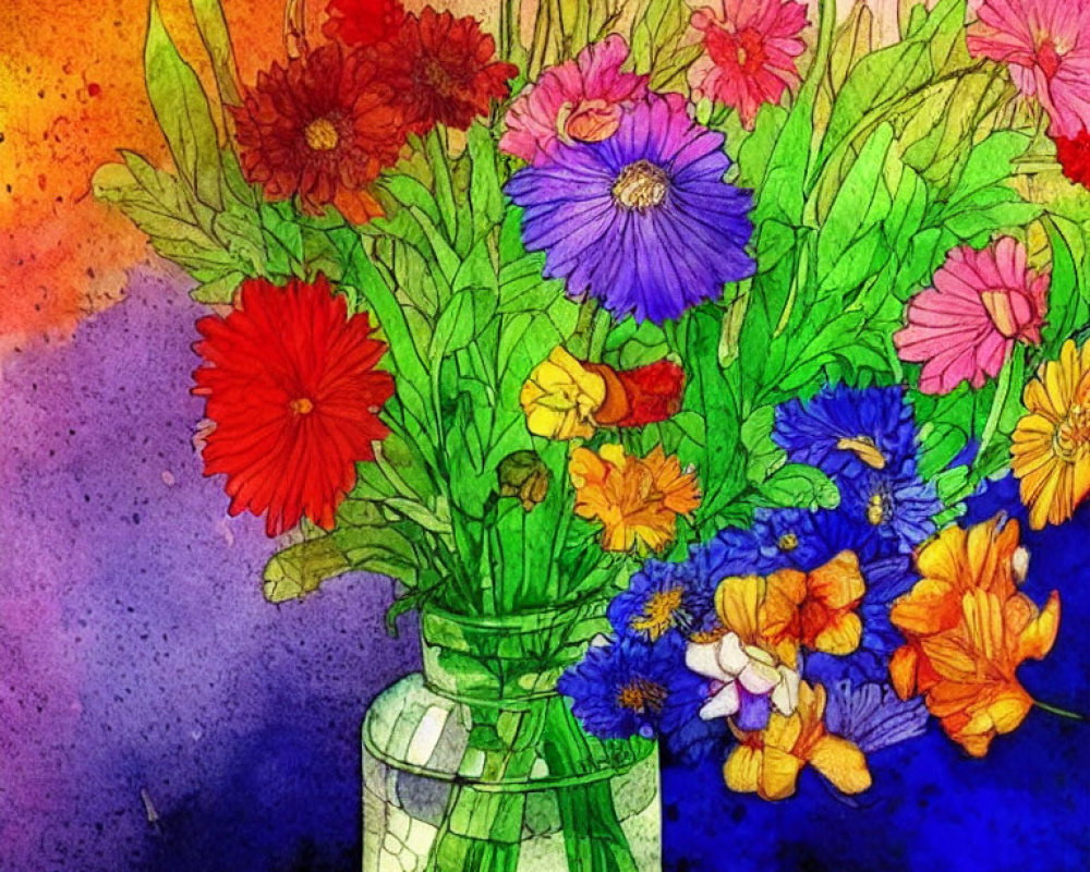 Colorful Watercolor Painting of Flowers in Clear Vase on Gradient Background