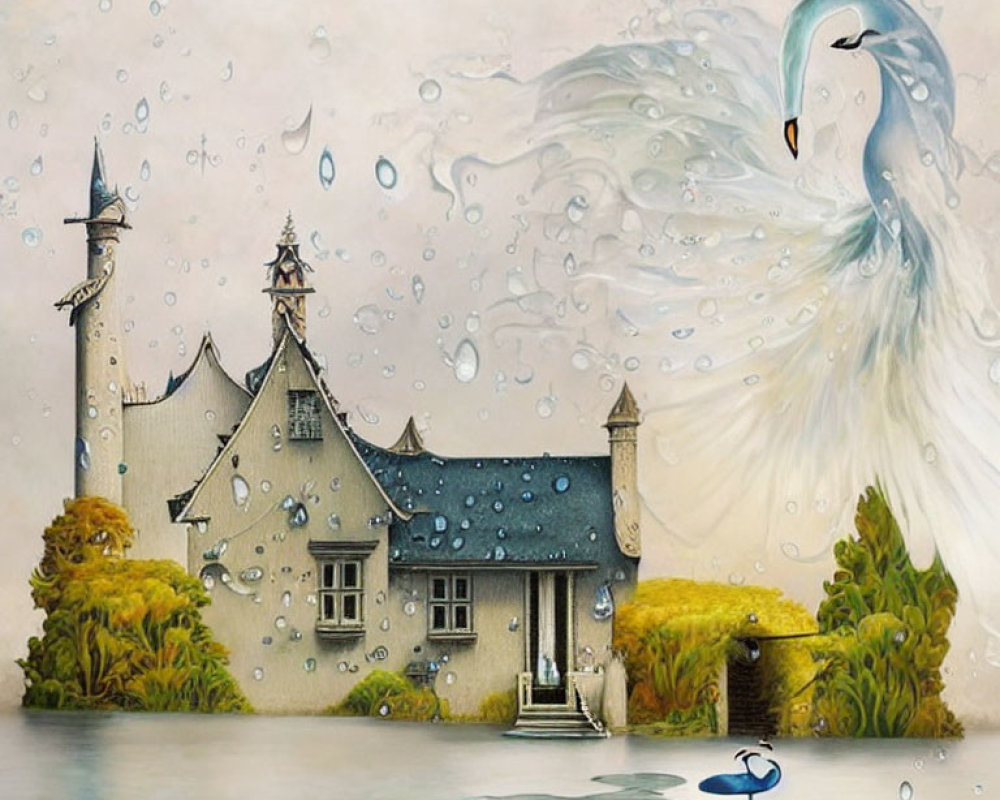 Swan-like figure in flight with droplets, quaint house, and castle tower reflected in serene water