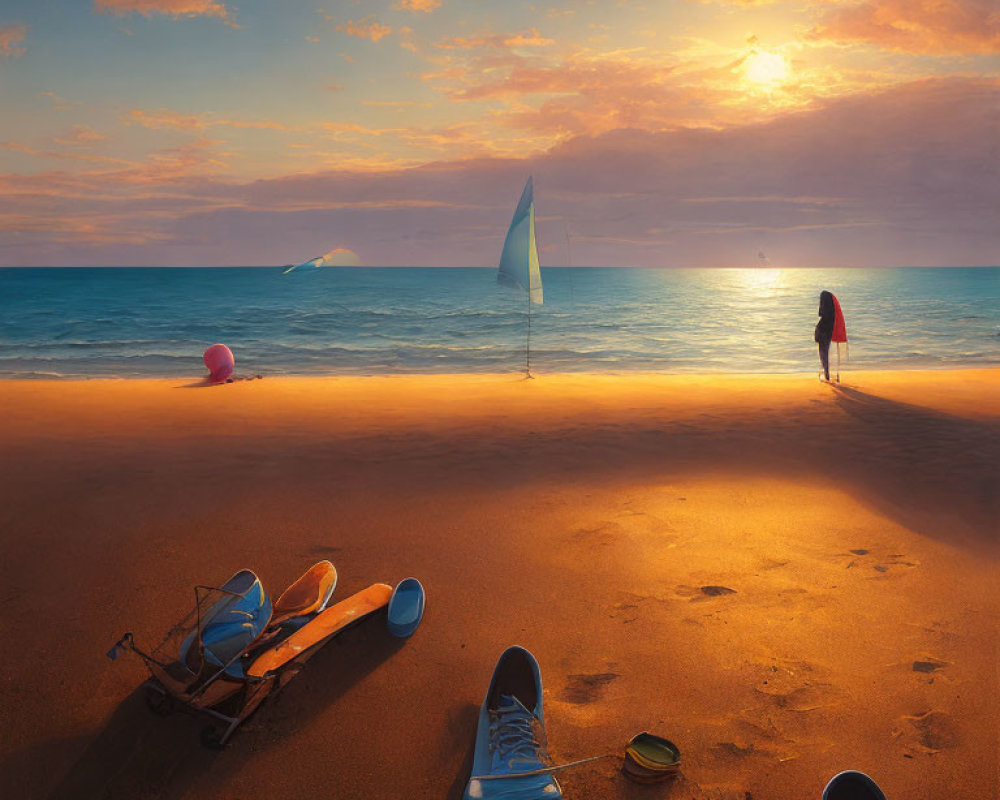 Tranquil sunset beach scene with person, sailboat, colorful sky, shoes, kayak, and