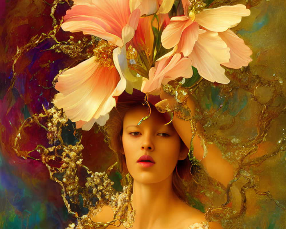 Woman with Blossoming Flower Headpiece in Abstract Floral Setting