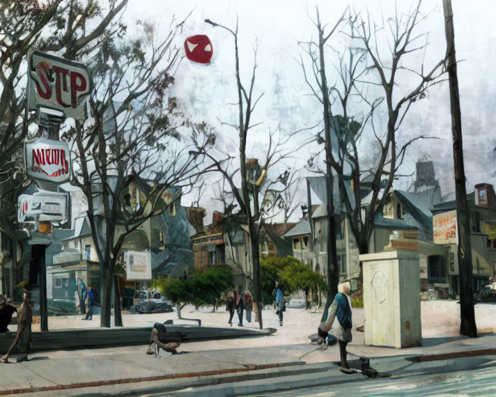 Street scene with people, stop sign, vintage car, trees, and museum sign.