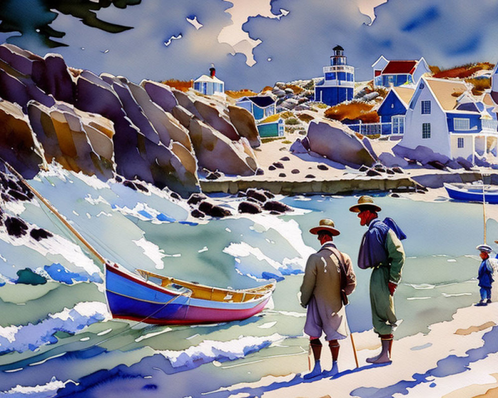 Colorful painting of two people by boat on beach with houses and lighthouse under blue sky