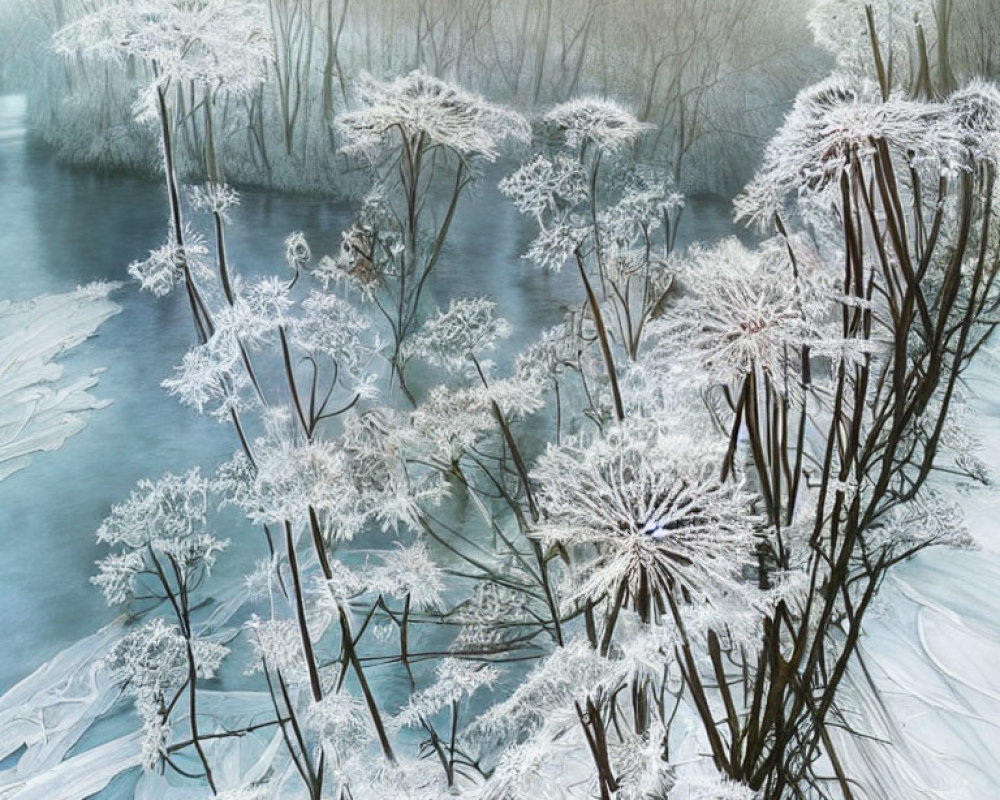 Frozen River Winter Landscape with Frosted Plants and Icy Patterns