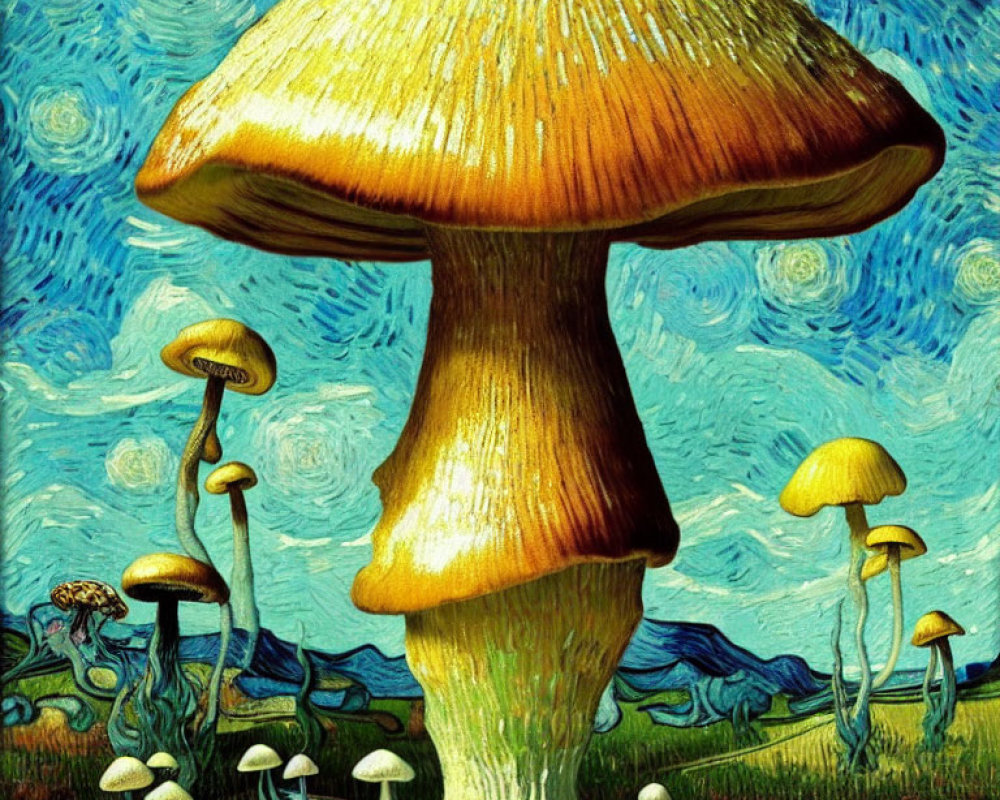 Vibrant Mushroom Painting with Starry Night Sky