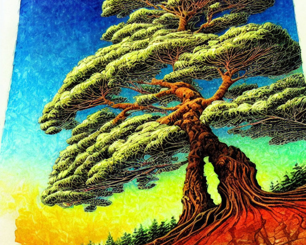 Colorful Stylized Tree Artwork Against Multicolored Sky Gradient