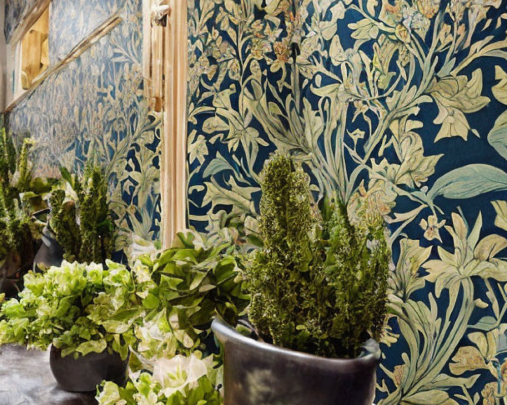 Vivid Blue and Gold Floral Wallpaper Hallway with Mirror and Potted Plants