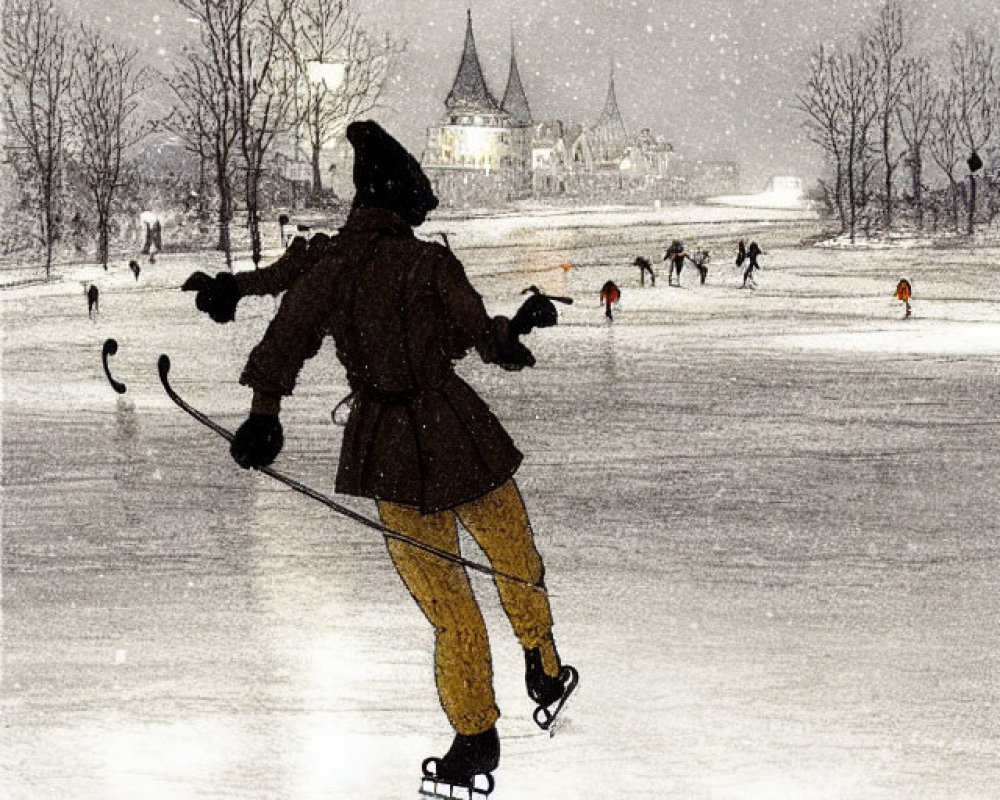 Ice skater with hockey sticks on snowy outdoor rink