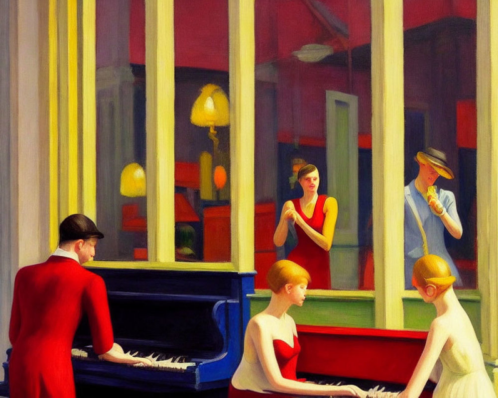 Colorful painting featuring pianist, lady at piano, figures by window, and man with lady outdoors