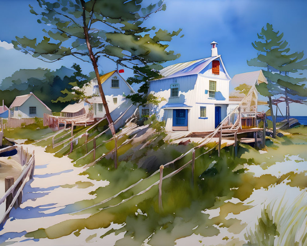 Coastal illustration: White house with red roof by serene beach